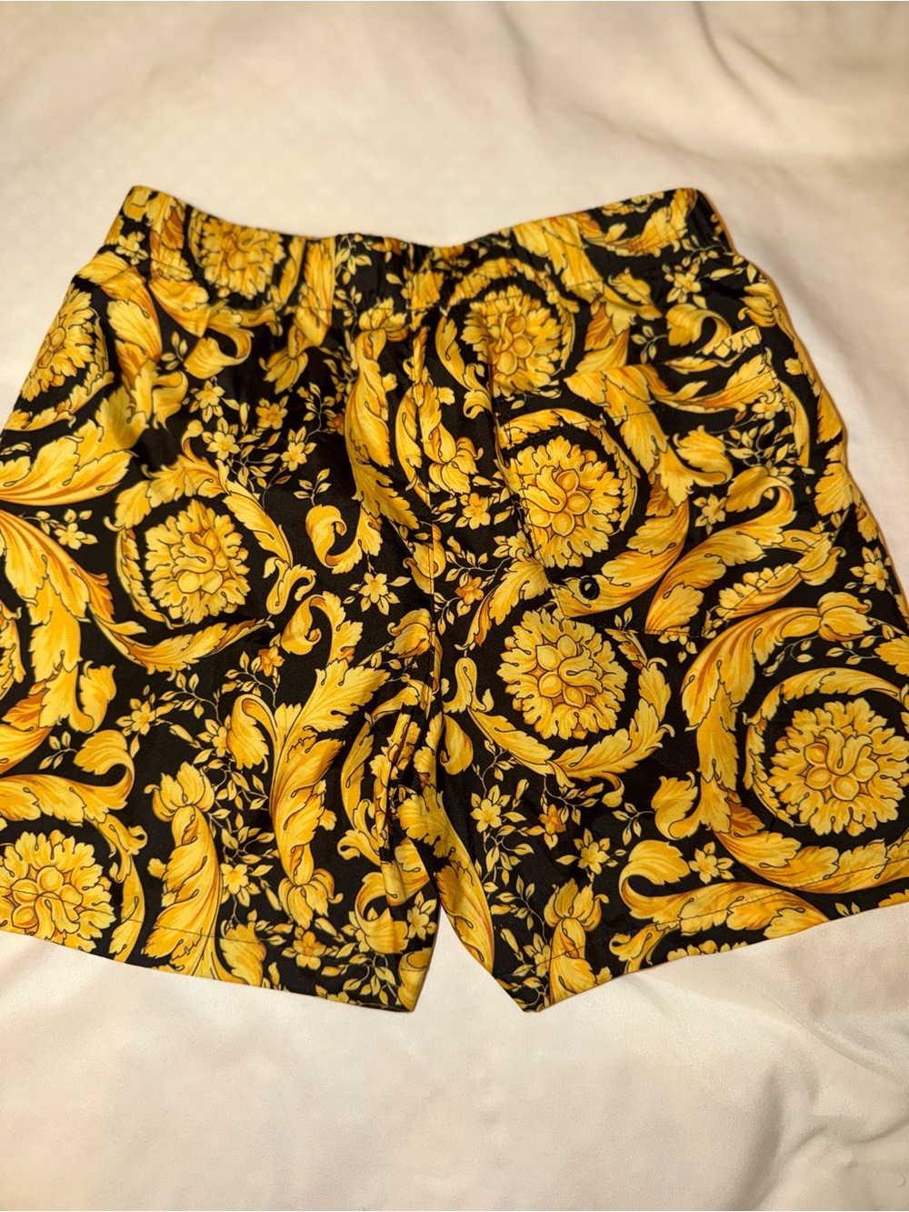 Versace Black Floral-Trim Shorts with Yellow Accents